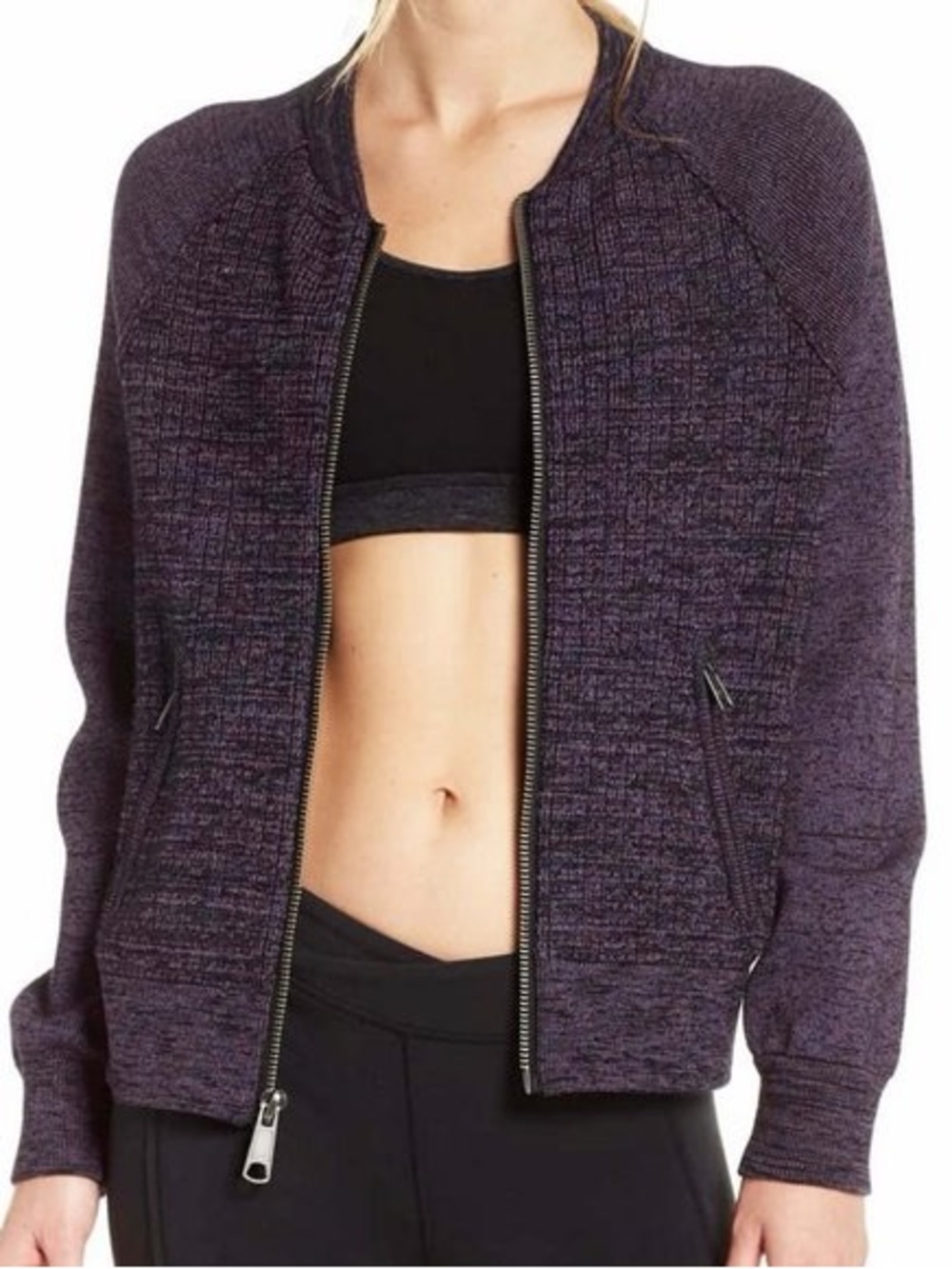Free People Naomi Full-Zip Knit Bomber Sweater Jacket Purple Black